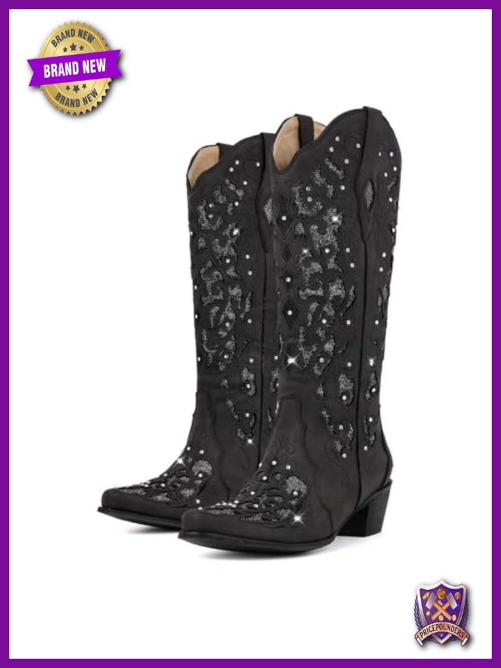 Rhinestone Cowboy Boots Mid Calf Chunky Heel Western Boots for Women